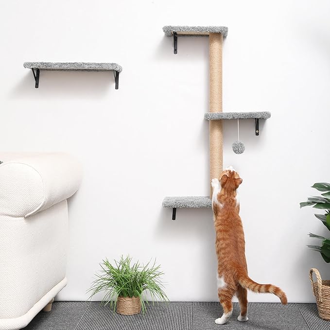 FUKUMARU Cat Wall Shelves, Stable & Safe 4 in 1 Cat Furniture Set, Wooden Climbing Wall with Scratching Post for 16 Inch Drywall - Light Gray-PawvioPets