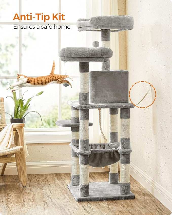 FEANDREA Cat Tree, Cat Tower for Indoor Cats, 56.3-Inch Cat Condo with Scratching Posts, Hammock, Plush Perch, Light Gray UPCT15W-PawvioPets