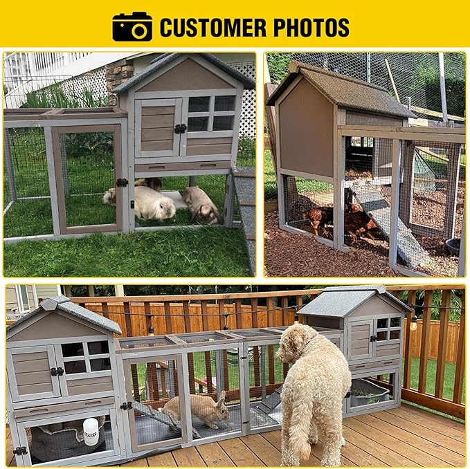 Aivituvin Large Rabbit Hutch Indoor Bunny Cage Outdoor with Run Chicken Coop Guinea Pig House with Waterproof Asphalt Roof,No Leakage Pull Out Tray (103.2" L x 25.2" W x 36.2" H,Brown-2 Sets)-PawvioPets