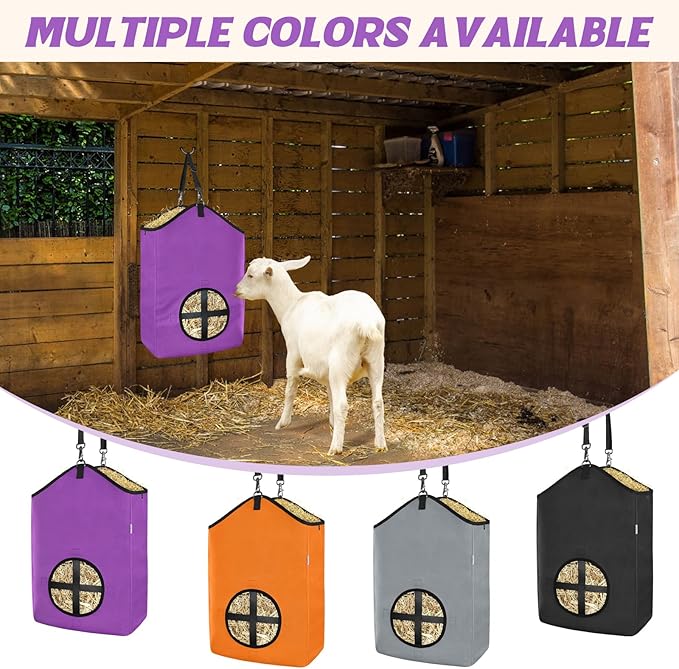3 PCS Goat Hay Feeder,Hay Bags for Horses,Goats,Donkeys with Reinforced Oxford Fabric and High Strength Metal Clasp,Horse Feeding Supplies with Adjustable Strap for Easy Hanging(2Purple+1Orange)-PawvioPets
