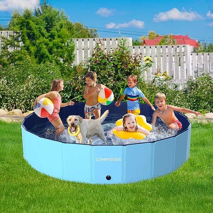COMMOUDS 87Inch Large Foldable Dog Pool, Collapsible Hard Plastic Dog Kiddie Swimming Pool, Portable Pet Bath Tub Wading Pools for Kids and Puppy Small Medium Large Dogs-PawvioPets