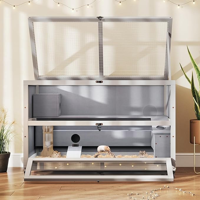 Coziwow Hamster Cage 35.4'' with Removable Ramps & Tray, Small Animals Hutch with Wheels & 2 Openable Doors, 3-Tier Wooden Cage for Dwarf Syrian Hamster, Mice, Rat, Rabbit-PawvioPets