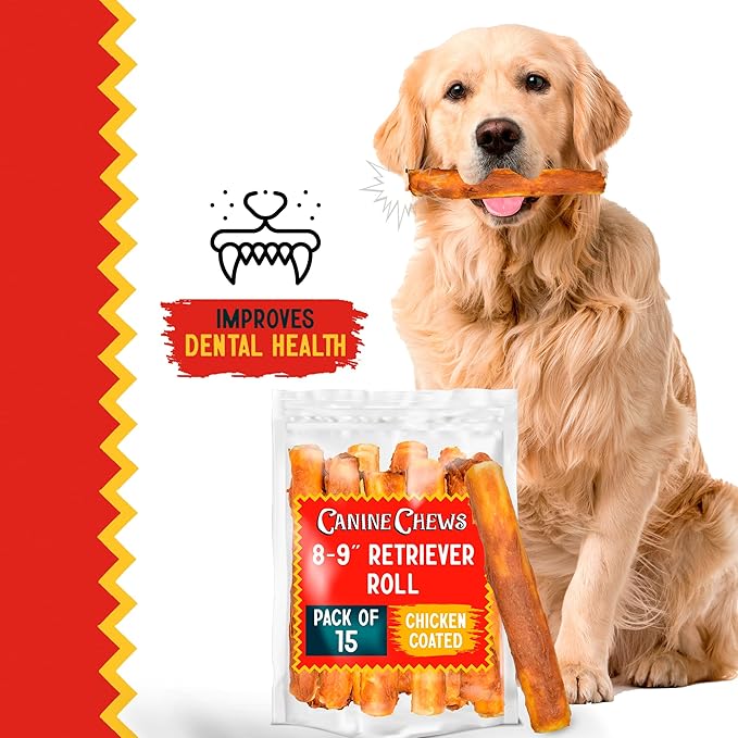 Canine Chews 8-9" Chicken Coated Dog Rawhide Retriever Rolls (15 Pack) - Chicken Rawhide Bones for Large Dogs - 100% USA-Sourced Chicken Coated Dog Rawhide Chews - Healthy Dog Dental Chew Rawhides-PawvioPets
