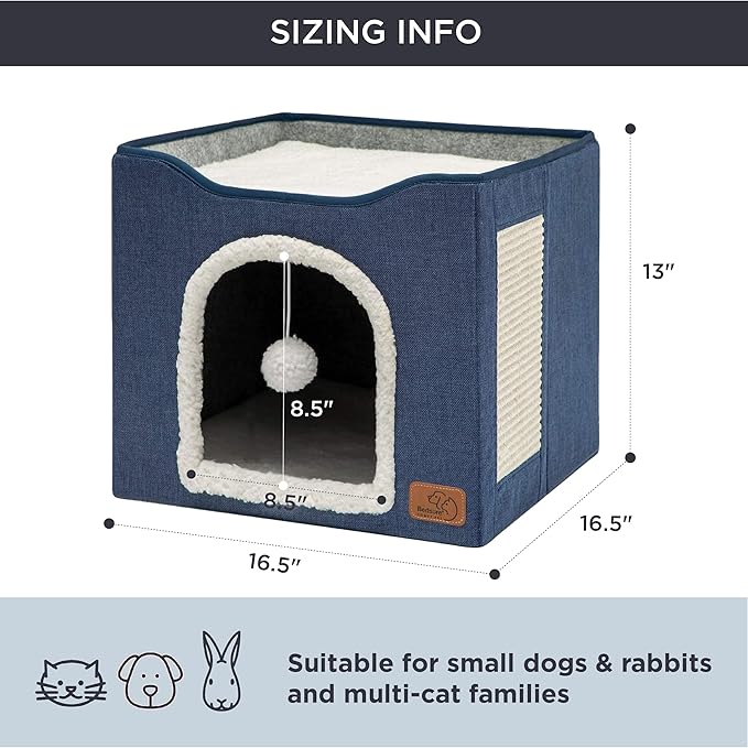 Bedsure Cat Beds for Indoor Cats - Large Cat Cave for Pet Cat House with Fluffy Ball Hanging and Scratch Pad, Foldable Cat Hideaway, 16.5x16.5x13 inches, Blue-PawvioPets