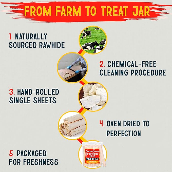 Canine Chews 10" Dog Rawhide Retriever Rolls - Rawhide Bones for Large Dogs (50 pk) - Natural Beef Dog Rawhide Chews - Single Ingredient Dog Rawhide Bones - Large Rawhide Bones for Dogs Dental Chew-PawvioPets