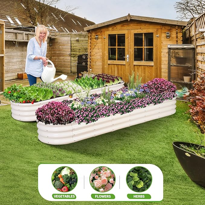 Galvanized Raised Garden Bed - 8x2x1FT Metal Planter Boxes Outdoor | Oval Steel Raised Bed Kit for Gardening with Protective Tape, Bracing Rods, Gloves for Vegetables, Flower, Herb (White)-PawvioPets