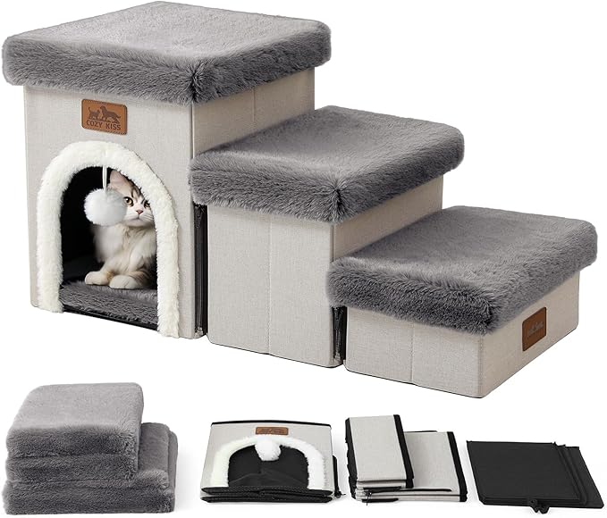 Dog Stairs for Small Dogs with Storage and Condo, 14" H Foldable Pet Stairs for Small Medium or Puppy Dogs and Older Cats, Dog Steps for Bed or Couch, 13x27x14 inch, 3 Tiers, Grey-PawvioPets