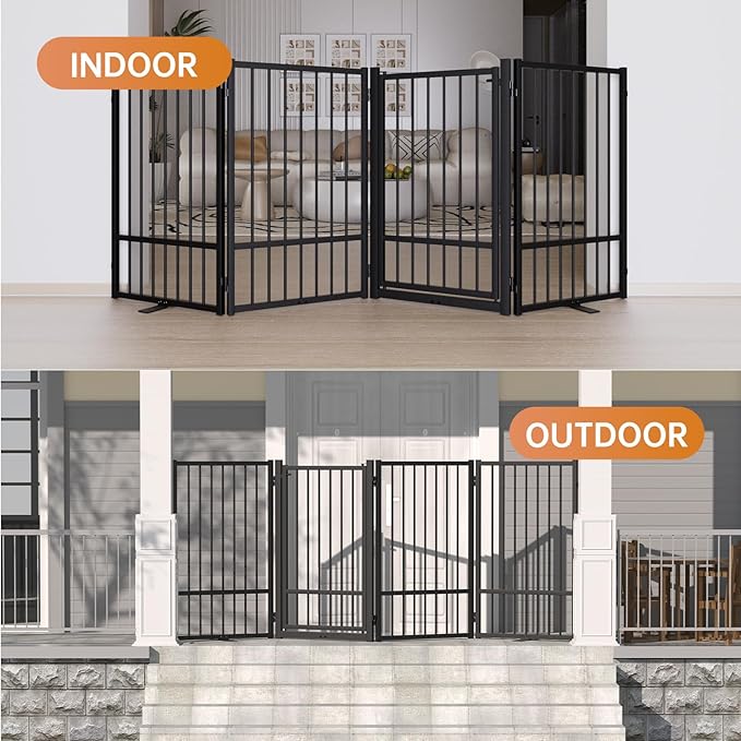 Full Metal Freestanding Dog Gate with Door, 32''Height Foldable Pet Dog Fence for Indoor & Outdoor, 4 Panels Extra Wide Free Standing TallDog Gates for Doorways,House,Stairs,Porch,Deck,Yard-PawvioPets