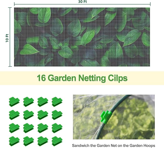 Garden Netting Mesh, 10X30 FT Garden Netting with 16 Cilps & Ultra Fine Mesh Net Bird Barrier Protection for Garden Vegetables Flowers Shrubs Fruit Trees Indoors & Outdoors Plant Beds Greenhouse-PawvioPets