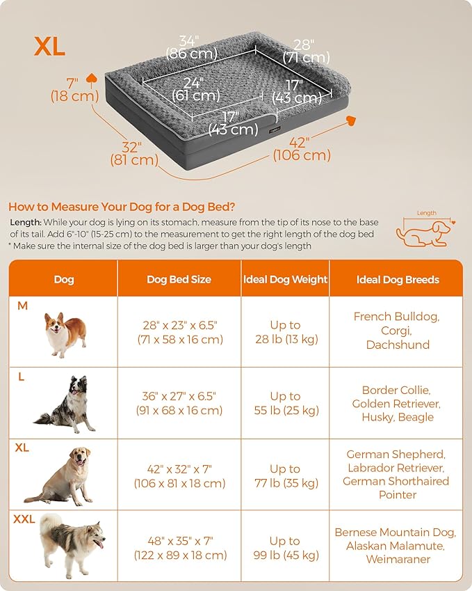 Feandrea Orthopaedic Dog Bed for Large Dogs, Waterproof Dog Sofa Bed with Removable Washable Cover, 42 x 32 x 7 Inches, Slate Gray UPGW253G02-PawvioPets