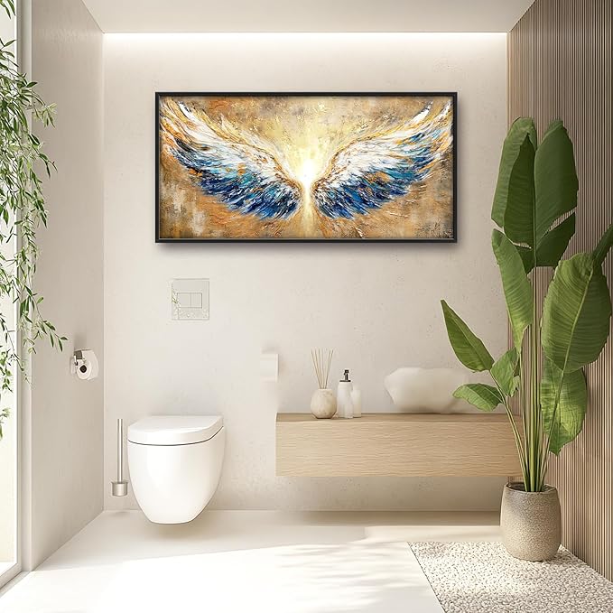 Extra Large Angel Wings Framed Wall Art for Living Room,Oversized Golden Wings Pictures Wall Decor,Holy Gold Blue Canvas Print Painting Modern Artwork Bedroom Office Bathroom 60L" x 30W"-PawvioPets