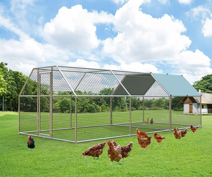 4ever2buy 1.26’’ Large Metal Chicken Coop Run Walk in, Chicken Pen for Chickens, Outdoor Chicken Runs Coops, Flat Roofed Chicken Runs for Yard with Anti-Ultraviolet Cover (9.2’L x18.7’Wx 6.4’H)-PawvioPets