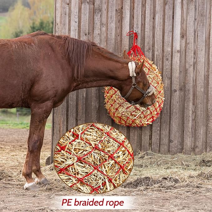 Fabbay 4 Pcs Slow Feed Hay Net Feeder Hay Bag for Horses Slow Feeder 40 Inch Length with 2 Inch Holes Hanging Horse Feed Net for Goat Cattle Equine Stalls Barn Supplies(Red)-PawvioPets