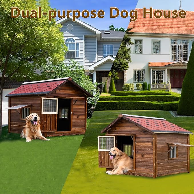 Extra Large Wooden Dog House Outdoor, Waterproof Heavy Duty Dog House Outside with Door and Adjustable Window, Large Outdoor Pet Kennel, 6XL-PawvioPets
