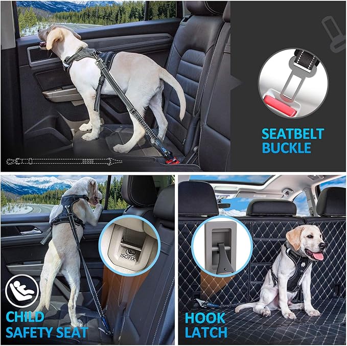 Dog Seat Belt 3-in-1 Car Harness for Dogs Adjustable Safety Seatbelt for Car Nylon Reflective Bungee Fabric Dog Car Harness with Clip Hook Latch & Buckle, Swivel Zinc Alloy Carabiner (Black)-PawvioPets