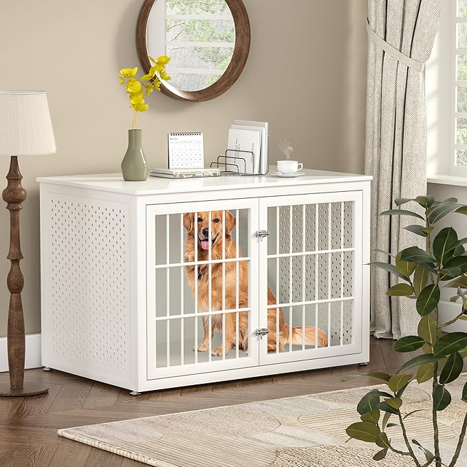 48" Heavy Duty Dog Crate Furniture for Large Dogs, Metal Cage for High Anxiety Dogs, Wooden Kennel Furniture Indoor, Decorative Dog Kennel End Table, XL,White-PawvioPets