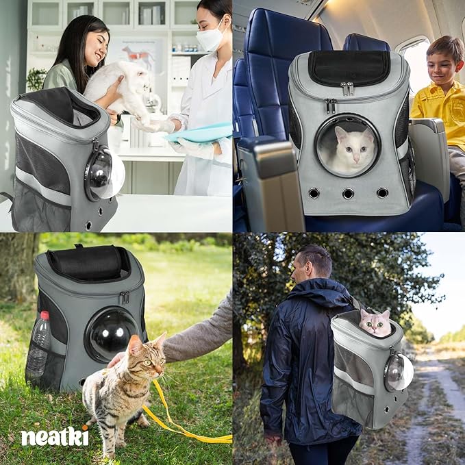 Cat Backpack Carrier, Airline Approved, Space Capsule Bubble Design, Ideal for Cats & Dogs up to 28-35 lbs, with Strong Straps, Safety Zippers, Mesh, Comfortable for Hiking & Travel (Grey)-PawvioPets