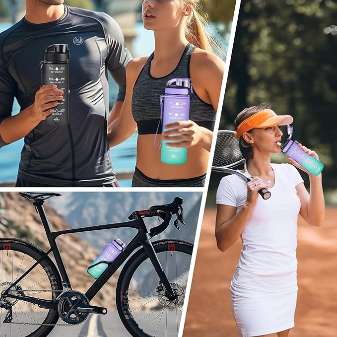 Enerbone Water Bottle, Leakproof BPA & Toxic Free, Motivational Water Bottle with Times to Drink and Straw, Fitness Sports Water Bottle with Strap for Office, Gym, Outdoor Sports-PawvioPets