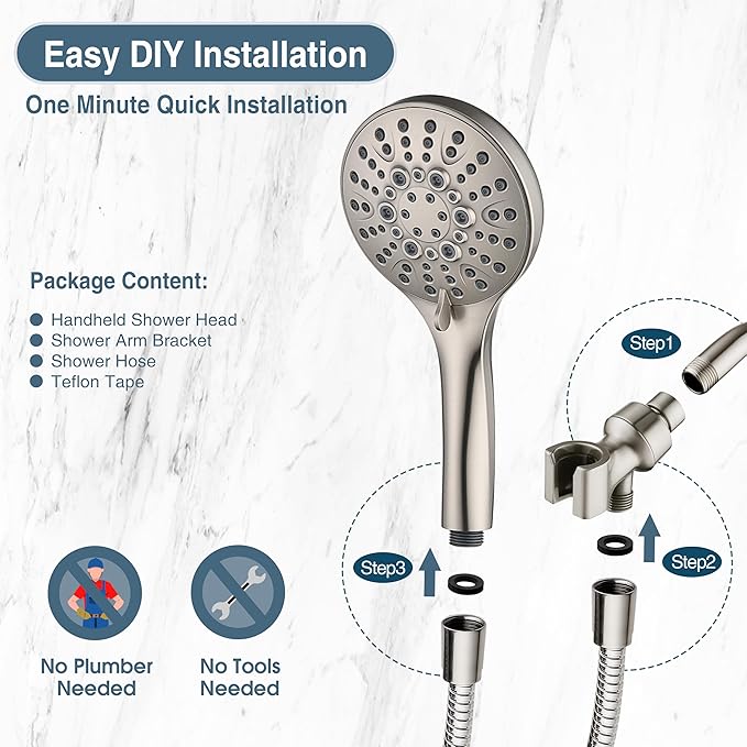 BRIGHT SHOWERS High Pressure Shower Head with Handheld, 9 Spray Settings Showerhead Built in Power Wash to Clean Tub and Pets, Extra Long 69" Hose, Adjustable Bracket, Brushed Nickel-PawvioPets