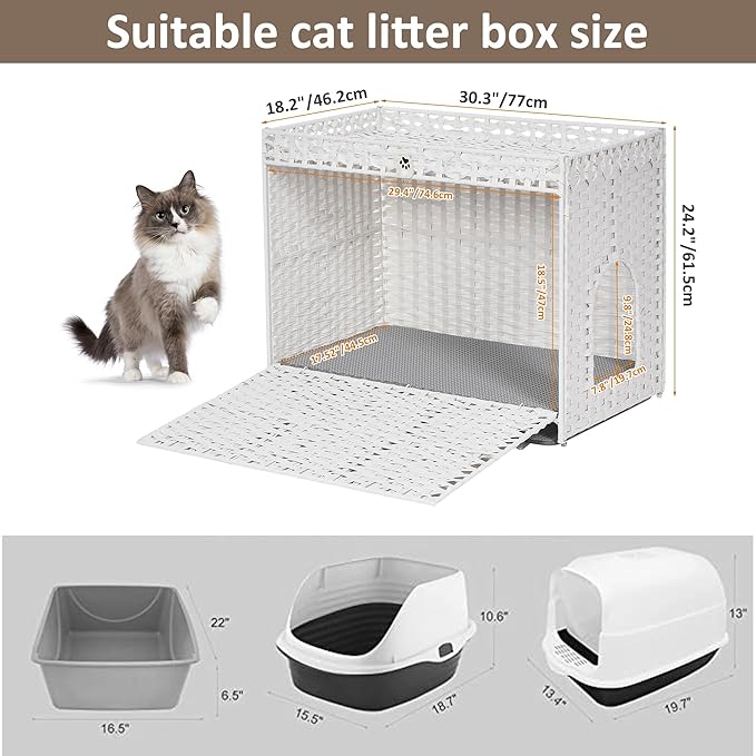 Cat Litter Box Enclosure with Soft Litter Mat; Hidden Cat Washroom Furniture with Door; Handwoven Rattan Cat House with Large Space; Pet Crate for Living Room, Bedroom, Balcony (White)-PawvioPets