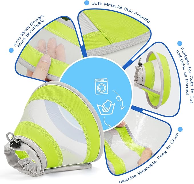 Breathable Air Mesh Cat Cone Collar Soft to Stop Licking, Adjustable, Foldable Lightweight Kitten Cones After Surgery Recovery for Cats & Kittens (Yellow Green, S)-PawvioPets
