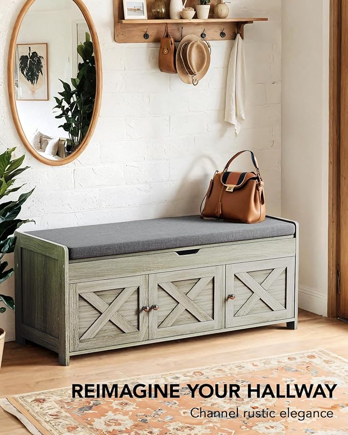 Amada Shoe Bench, Entryway Bench with Cushioned Seat & Lift Top Storage, 3 Doors, Adjustable Shelf, 300 lbs Capacity, Storage Bench with Shoe Rack for Entryway, Bedroom, Living Room, Gray-PawvioPets