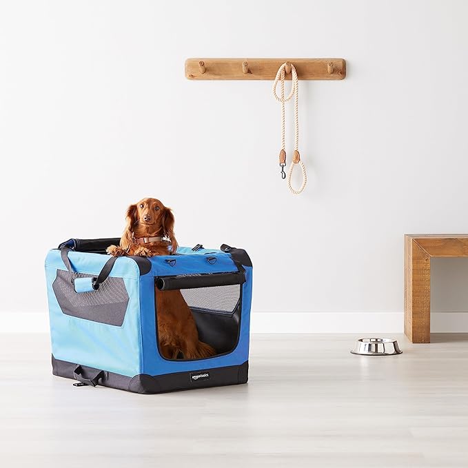 Amazon Basics Folding Portable Soft Pet Dog Crate Carrier Kennel, 26 x 18 x 18 inches, Blue-PawvioPets