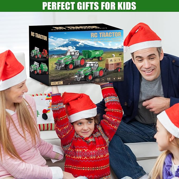 fisca Remote Control Tactor Toy Set & 33PSC Farm Vehicle Playset - Animal Figurines ,2.4GHz 1/24 Scale RC Tractor,Livestock Trailer, Fence with Light for Kids Age 4, 5, 6, 7 and Up Years Old-PawvioPets