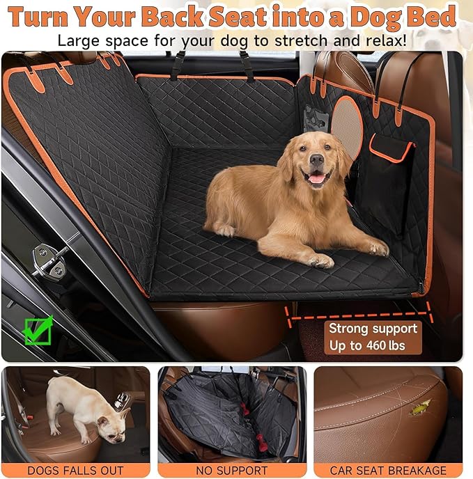 Dog Car Seat Cover for Back Seat, Hard Bottom Back Seat Extender for Dogs, Holds 420lbs, Waterproof Pet Hammock Protector, Thick and Durable Dog Seat Cover for Truck, Car, SUV-Black-PawvioPets