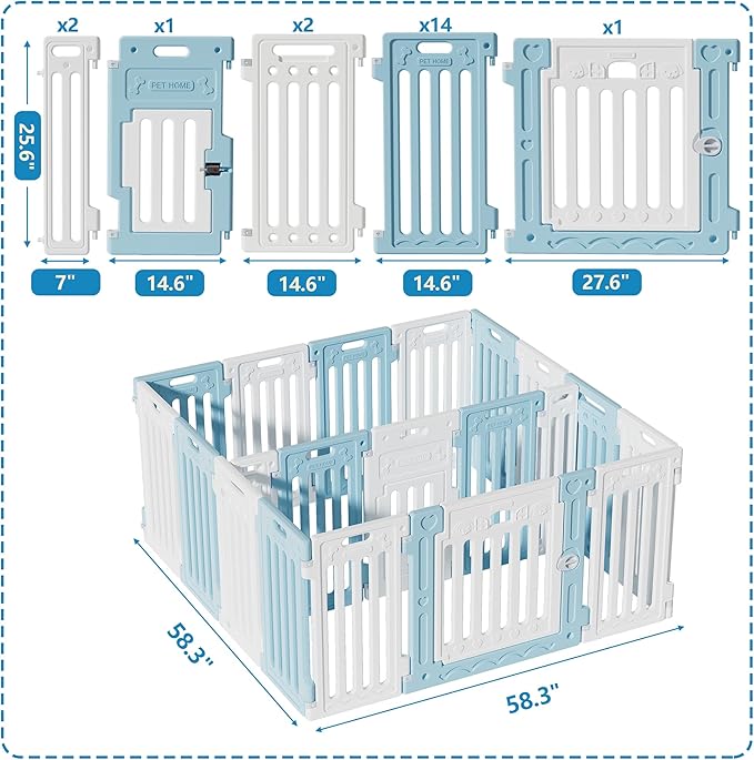 2 Room Dog Playpen with Door,DIY Shape Combination Puppy Pen,16-Panel+2 Link Piece+Large Door+Small Door,25.5" H Dog Fence,Non-Slip&Secure Pet Gate,Easy to Assemble,Blue+White-PawvioPets