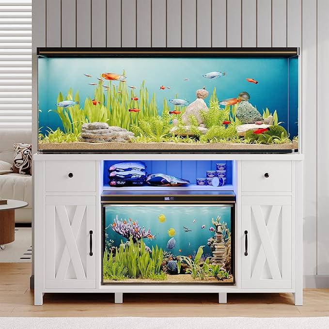 75 Gallon Fish Tank Stand with LED Light & Power Outlets, 55-75 Gallon Aquarium Stand with 2 Drawers & 2 Barn Doors, 52" L x 20" W Cabinet for 2 Fish Tank Accessories Storage, Turtle Tank, White-PawvioPets