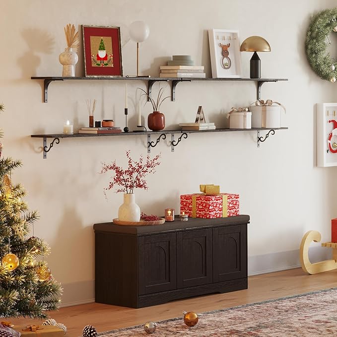 DINZI LVJ Shoe Bench, Entryway Storage Bench with Doors, Cushion, 2-Tier Shoe Rack with 6-Cubby, 39.4”L x 13.8”W Shoe Organizer Cabinet, Adjustable Shelf, Living Room, Bedroom, Espresso-PawvioPets