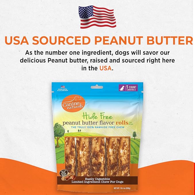Canine Naturals Peanut Butter Chew - 100% Rawhide Free Dog Treats - Made with Real Peanut Butter - All-Natural and Easily Digestible - 5 Pack of 7 Inch Large Rolls for Dogs 50-75lb-PawvioPets