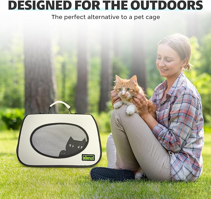 Cat Carrier Purses for Women, Airline Approved Pet Travel Bag for Cats, Kittens, Rabbits up to 10 lbs - Collapsible, Soft-Sided,16x10x10 in, Breathable Mesh with Kitty Pattern, Collar and Leash, Cream-PawvioPets