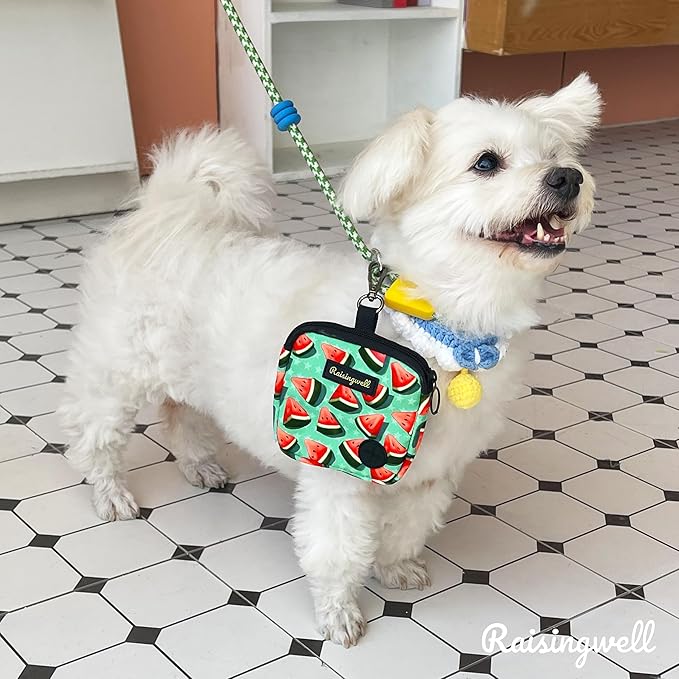 Dog Treat Pouch for Pet Walking and Training with Clicker Poop Bags Small Fanny Zipper Pack Holder for Puppy Snack Dispenser Kit for Leash and Outdoor Use (Watermelon)-PawvioPets