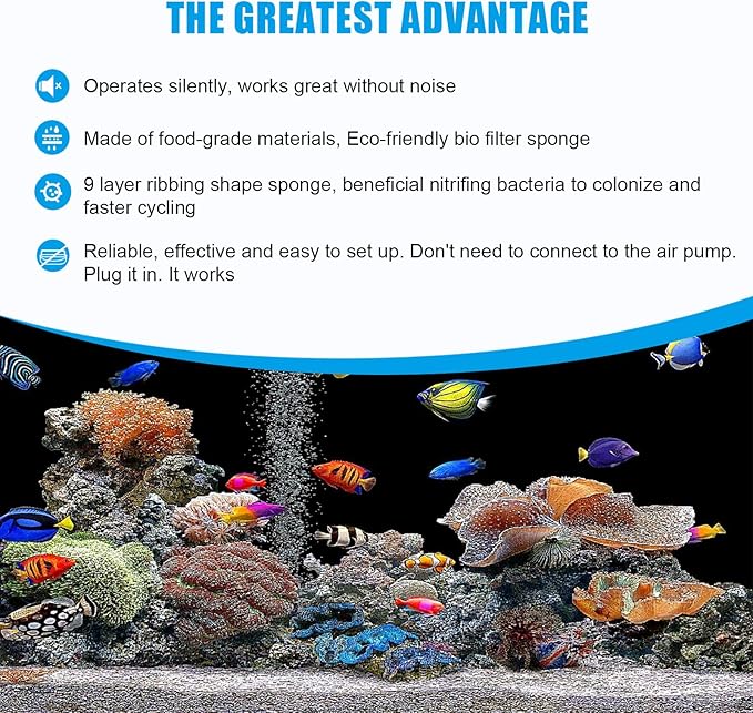 AQQA Aquarium Sponge Water Filter, Power Driven Double Biochemical Filter, Quiet Submersible Foam Filter with 2 Extra Sponges, 1 Bag of Filtered Ceramic Balls for Fresh and Salt Water Fish Tank (L)-PawvioPets