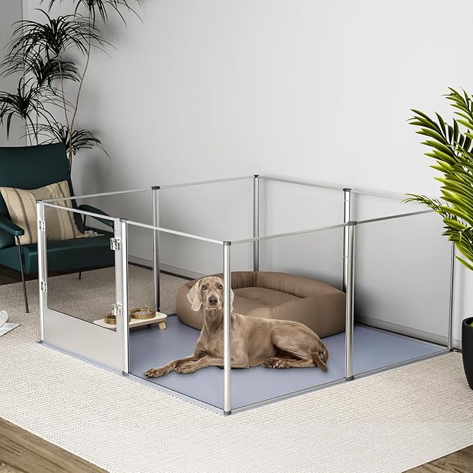 Dog Clear Playpen Fence Kennel: 32” Extra Tall Indoor Pet Birthing Cage Whelping Box with Waterproof Fertility Pad - 52”x52” Extra Large Dogs Exercise Crate Pen Made by Acrylic and Aluminum Frame-PawvioPets