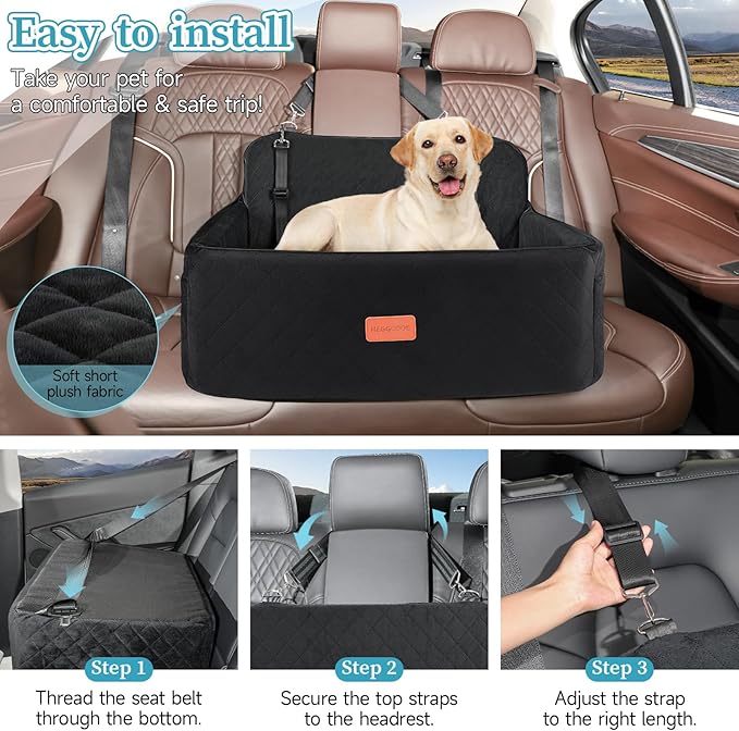 Dog Car Seat for Medium/Large Dogs, Pet Booster Seat for Under 55 lbs or 2 Small Dogs, Detachable & Washable Dog Car Bed for Backseat with 2 Safety Leashes(Black)-PawvioPets