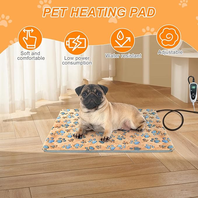 Dog Heating Pad,28×18 in Waterproof PVC Pet Heating Pad, Adjustable Thermostat+Constant On Function, Metal Protective Tube Comes with a Plush Cotton Sleeve,Whelping Box-Apricot-PawvioPets