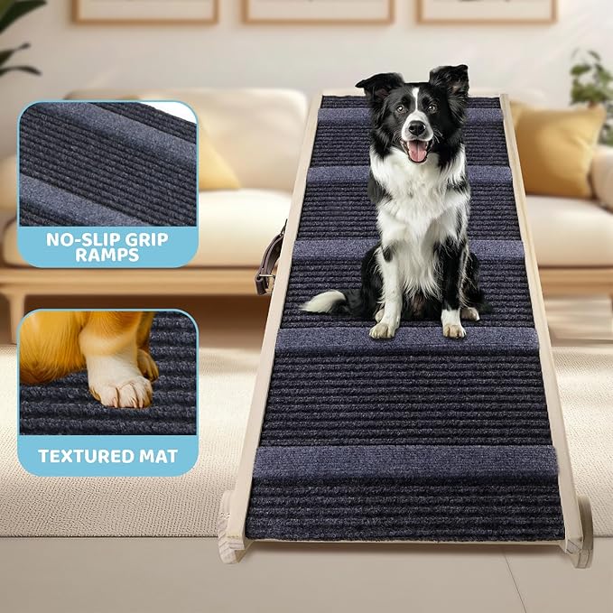 Dog Ramp for Bed, 6 Adjustable Height from 13.8" to 25.6", Folding Portable Wooden Pet Ramp for Small Dogs - Non-Slip High Traction Dog Ramp for High Bed Couch and Car Up to 200lbs-PawvioPets