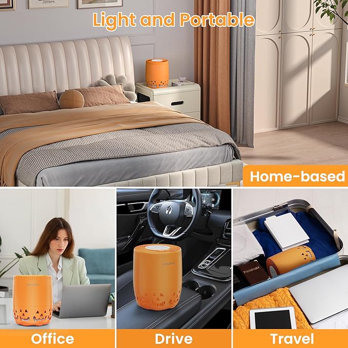 Air Purifiers for Home Bedroom up to 1076ft², True HEPA Air Filters Dust Pets Smoke Hair, 3 Fan Speeds Quiet, Timer Settings, Rechargeable Air Cleaner Office, Bedroom, Pets, Car(Orange)-PawvioPets