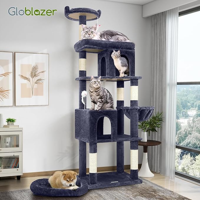 Globlazer Heavy Duty Cat Trees for Large Cats, Sturdy 72in Maine Coon Cat Tree for Large Cats 20 lbs+ Heavy Duty Cat Tower for Adult Biggest Cat with 6 Scratching Posts, Hammock, S72, Smoky Gray-PawvioPets