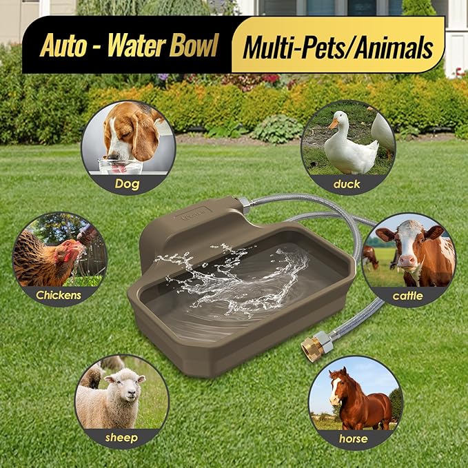 135OZ Automatic Water Dispenser for Dogs Patented Automatic Dog Water Bowl Fit 3/4'' GHT Male Faucet Outdoor Large Dog Water Bowl Include Water Hose Copper Connector Large Drinking Area Brown-PawvioPets