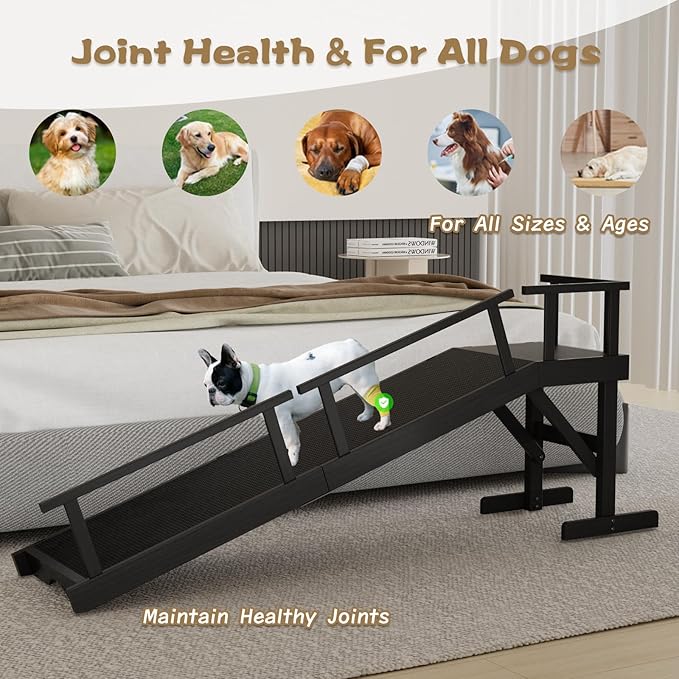 61" Dog Ramp for Bed, Pet Ramp with Removable Side Rail and Non-Slip Surface, Pet Ramp for Small & Large & Senior Dogs with Rest Platform and DIY Glow Strips,Dog Stairs for Couch,Black-PawvioPets
