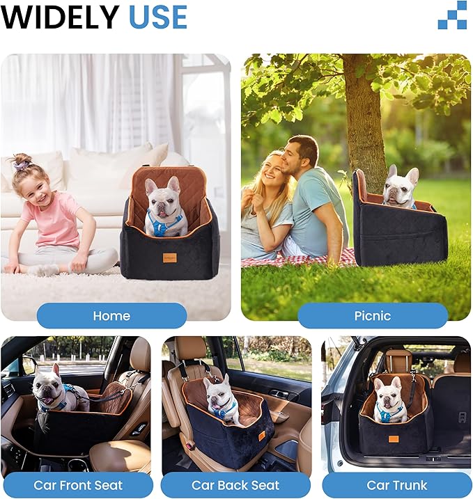 Dog Car Seat for Small Dogs - Puppy Car Seat with Safety Strap & Waterproof Padding, Portable Pet Carrier for Cars, Trucks & SUVs, Comfortable Elevated Bed for Pets Up to 35lbs (Black/Coffee)-PawvioPets