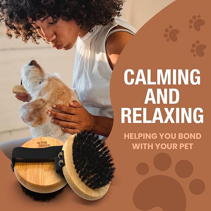 The Buddy System Pet Close Brush, Soft Touch Oval Palm Brush - Bamboo Massage Handheld with Soft Boar Bristles and Elastic Band for Dogs and Cats-PawvioPets