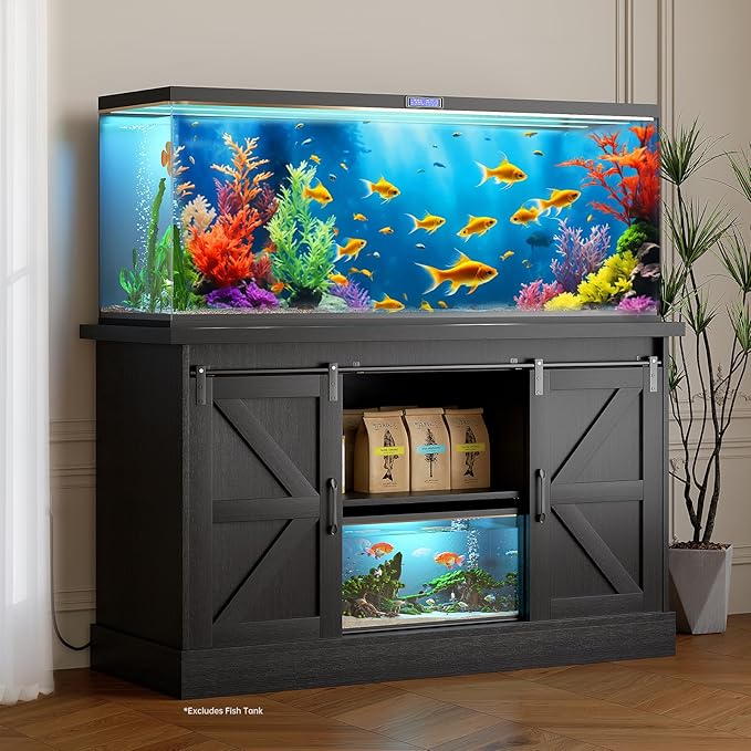 55-75 Gallon Fish Tank Stand with Sliding Barn Doors & Power Outlet, Heavy Duty Aquarium Stand with Cabinet Storage for Fish Tank, Turtle Tank, Reptile Terrarium, 1000LBS Capacity, Black-PawvioPets