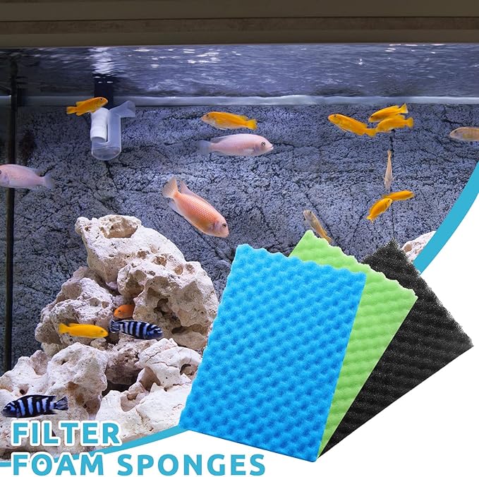 9 Pcs Fish Pond Foam Aquarium Filter Sponge Wave Shape Coarse Foam for Fish Tank Sump Pond 17 x 11 Inch x 1/2 to 1 Inch, Black, Green, Blue-PawvioPets
