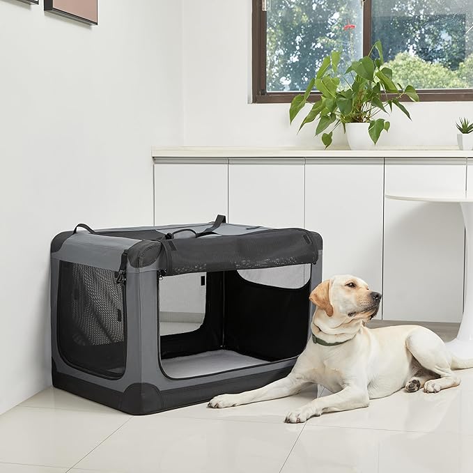 Amazon Basics 4-Doors Portable Soft-Sided Folding Travel Crate Kennel for cat, Dog, and Other Small Animals, Grey, L 36" x 24" x 24"-PawvioPets