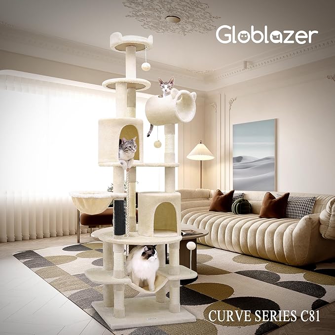 Globlazer Artistic Curved Cat Tower for Small Cats (Under 12 lbs), 81-inch Slim Design Cat Tree with Space-Saving Design, Indoor Cat Condo with Hammock & Tunnel, C81, Beige, Non-Large Cats-PawvioPets